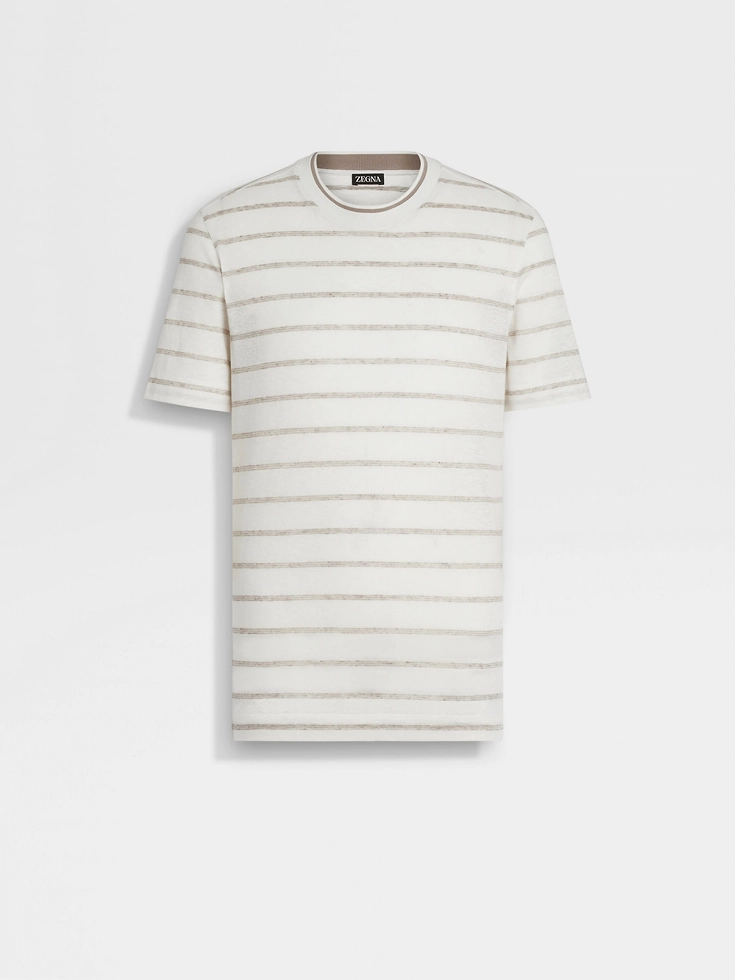 T-shirt in lino bianco e tortora chiaro